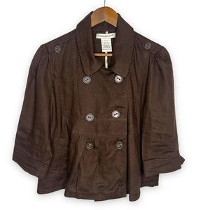 Mandarin Blue Linen Double-Breasted Tab Shoulder Collared‎ Neckline Coat Medium